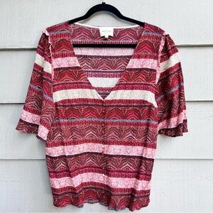 Sezane Cherry Blouse Short Sleeve Button Down V neck FR Size 44 US Size XL